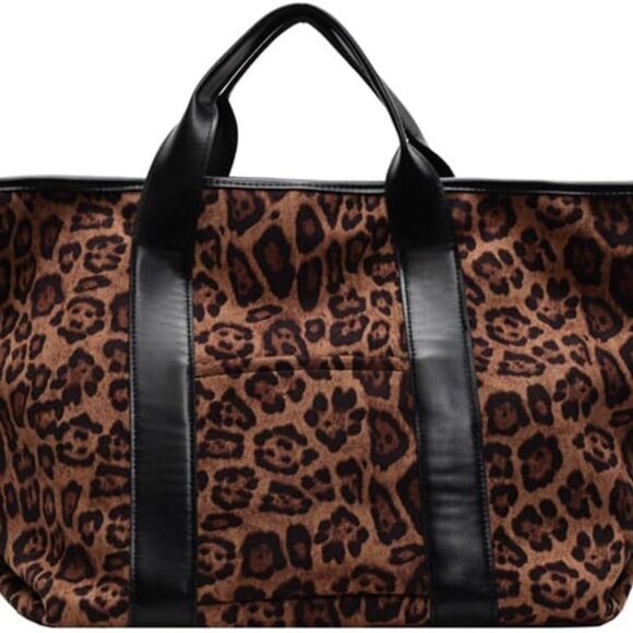 Women’s Leopard Print Suede Tote Bag Large Capacity Work Casual Travel - Picture 1 of 6